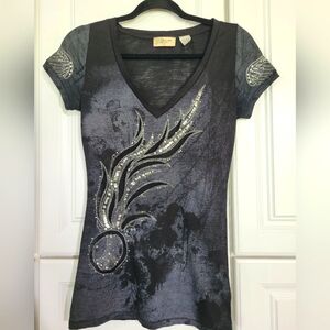 Miss Me Black and Gray Embellished Burnout V-Neck Top, Size XS, Peace Sign Y2K